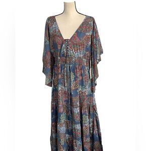 Boemo Blue and Red Paisley Long Sleeve Maxi Dress